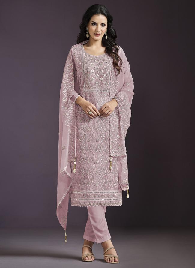 Chinnon Silk Pink Ceremonial Wear Embroidery Work Dress Material